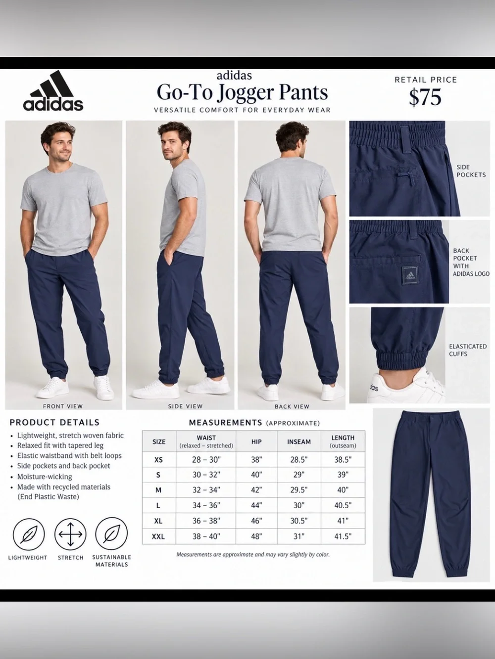 adidas Men's Navy Go-To Golf / Commuter Joggers, Size L